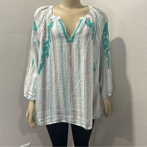 J Jill Love Linen‎ Embroidered Striped Lightweight Blouse Womens Plus Sz 1X